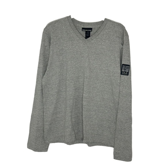 DKNY Vintage USA Logo Gray Long Sleeve Cotton V Neck Tee Top Size M New - Picture 1 of 6